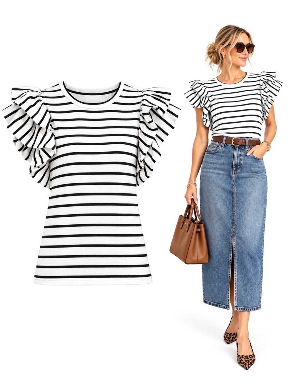 Crown & Ivy, NWT Striped Ruffle Sleeve Top - Black and White, Size L